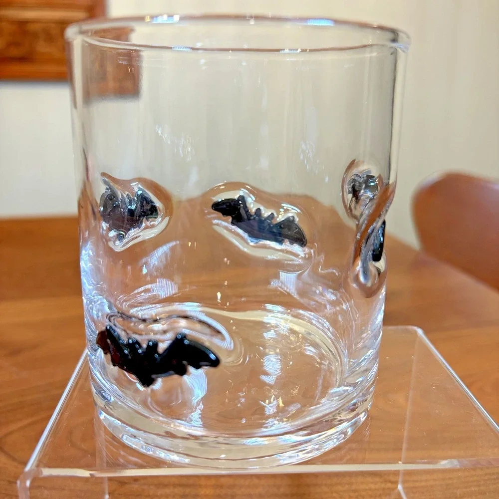 Lot of 3 Bats & Pumpkins Double Old Fashioned Whiskey Glasses Halloween